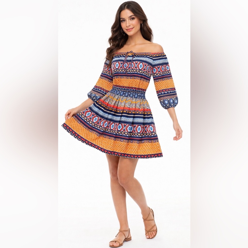 BETSEY JOHNSON BOHO OFF SHOULDER MINI DRESS SIZE 4 NWT COLORFUL TRIBAL PRINT